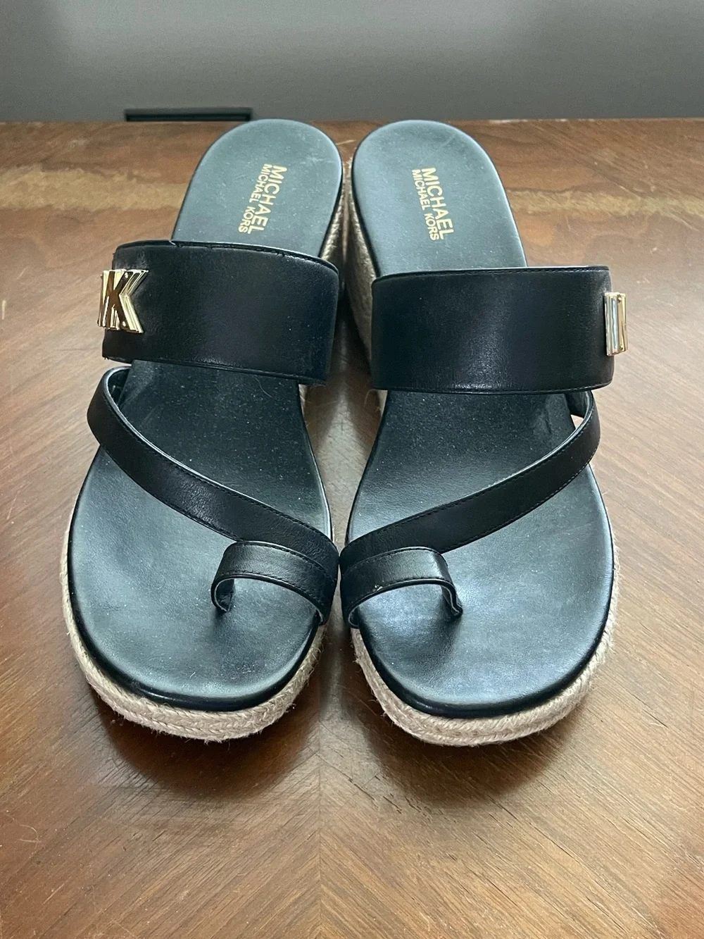 Michael Kors Black Leather Espadrille Wedge Sandals with Gold MK Accent